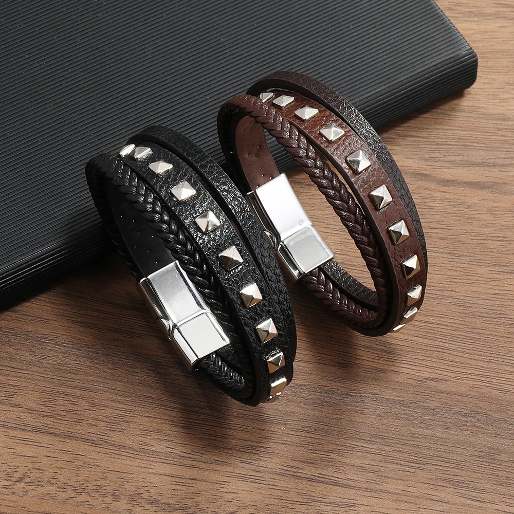TrendyLeatherBraceletsMenStainlessSteelMultilayerBraidedRope