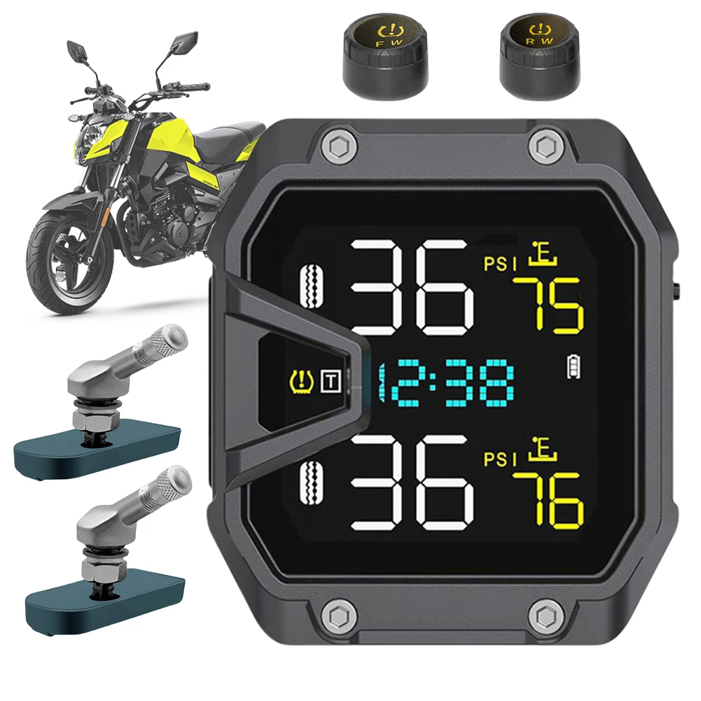 Motorcycle TPMS Tire Pressure Monitoring System with 2 Sensors Motorcycle Tire Pressure Monitoring Alarm System LCD Display