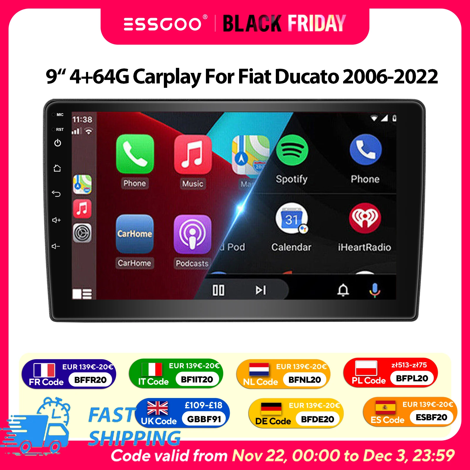 ESSGOO 9" Android 15 4 + 64G Autoradio Stereo Radio Für Fiat Ducato 2006-2022/Peugeot Boxer/Citroen Jumper Carplay Android Auto GPS Navi SWC WiFi FM RDS Bluetooth