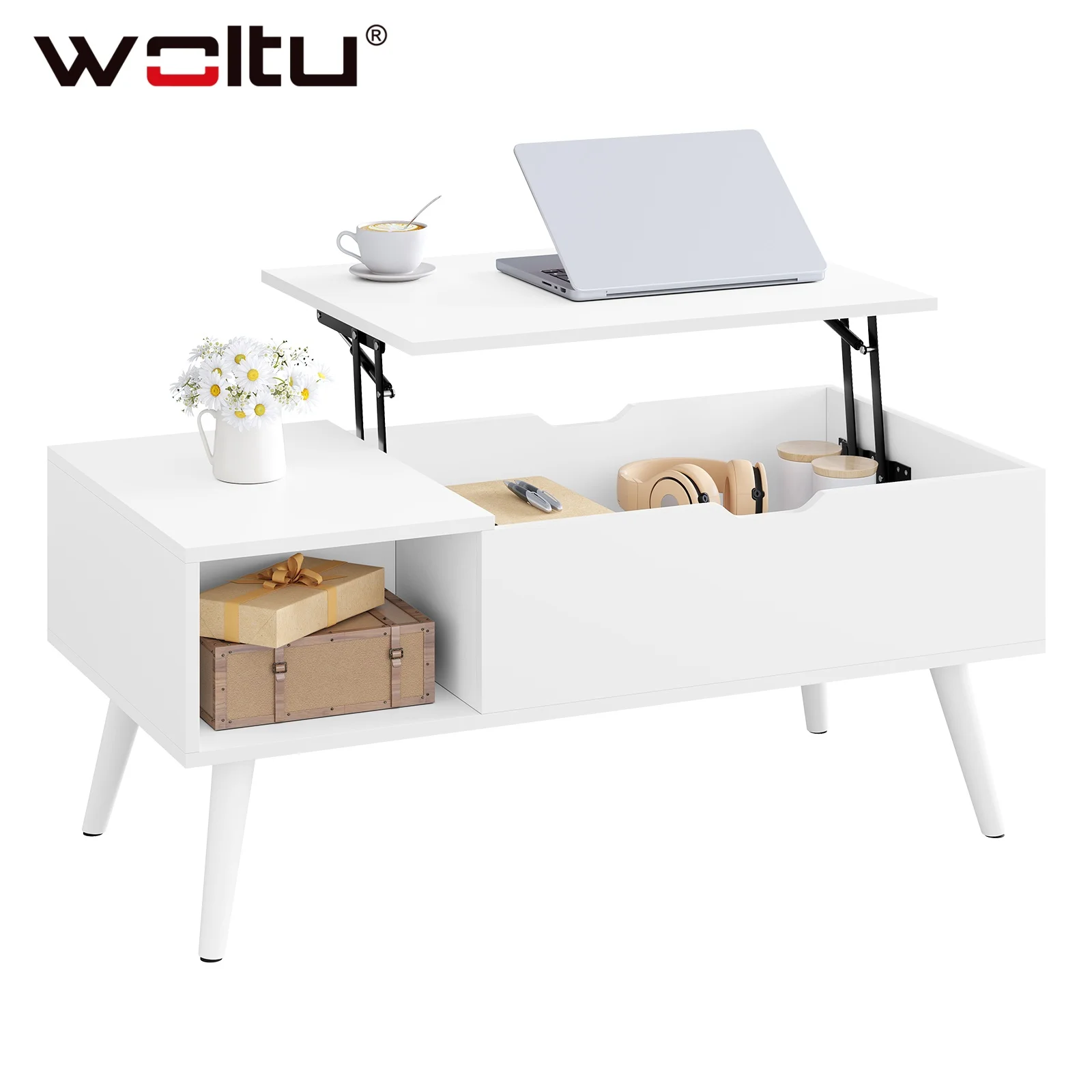 WOLTU Table basse réglable en hauteur Table basse de salon avec panneau de levage de rangement caché Table pliante pour côté et canapé