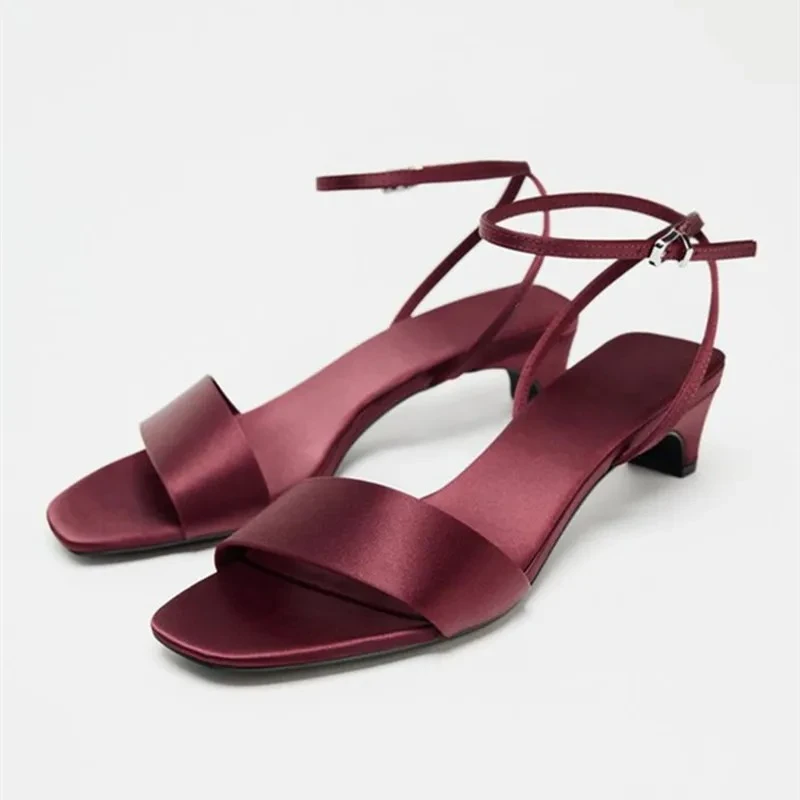 Burgundy Satin Low Heel Sandals Women Summer Sexy Open Toe Ankle