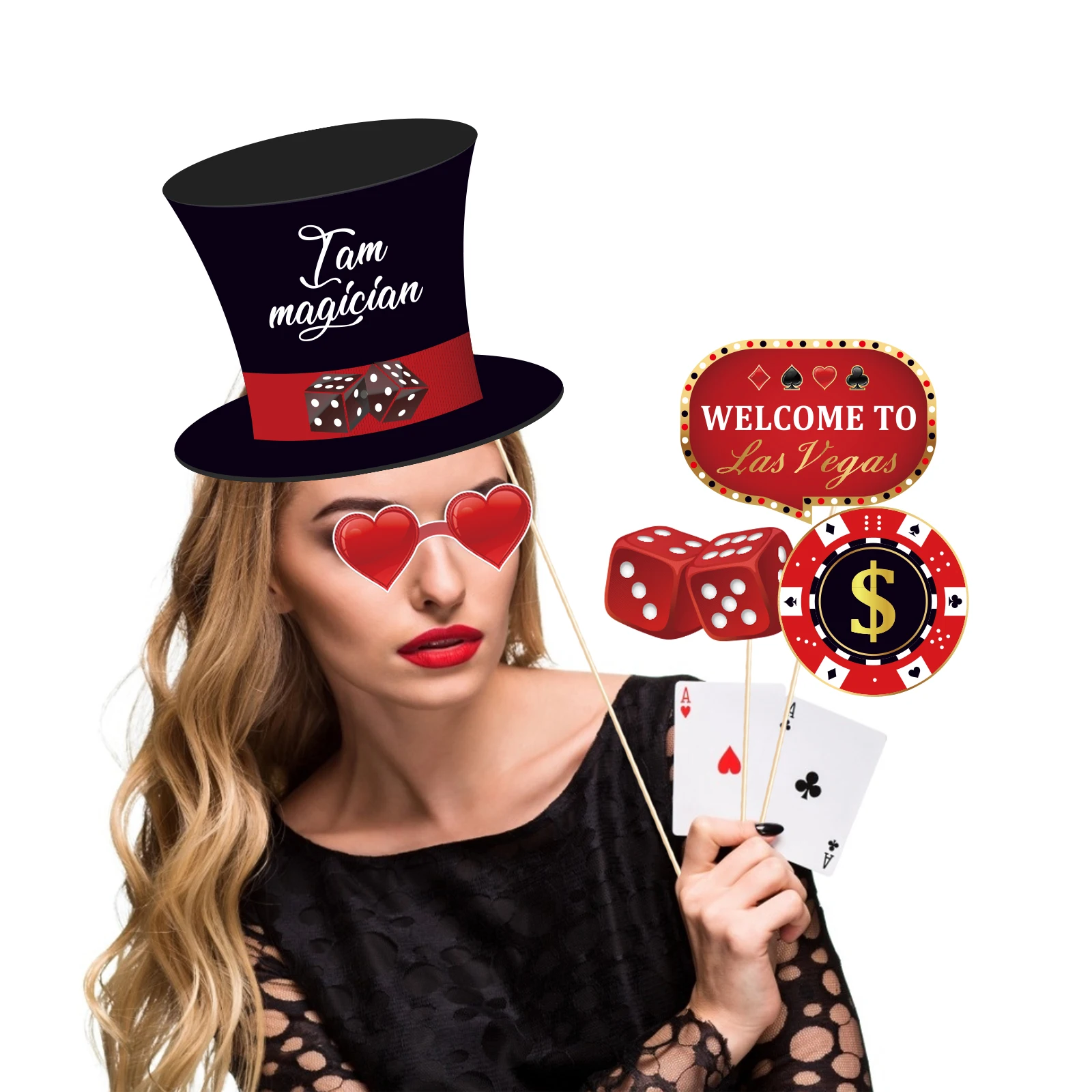 Poker Party Photo Booth Props Playing Cards Magicians Birthday Party Funny Glasses Lips Hat DIY Photo Shoot Prop Decor for party photo props
