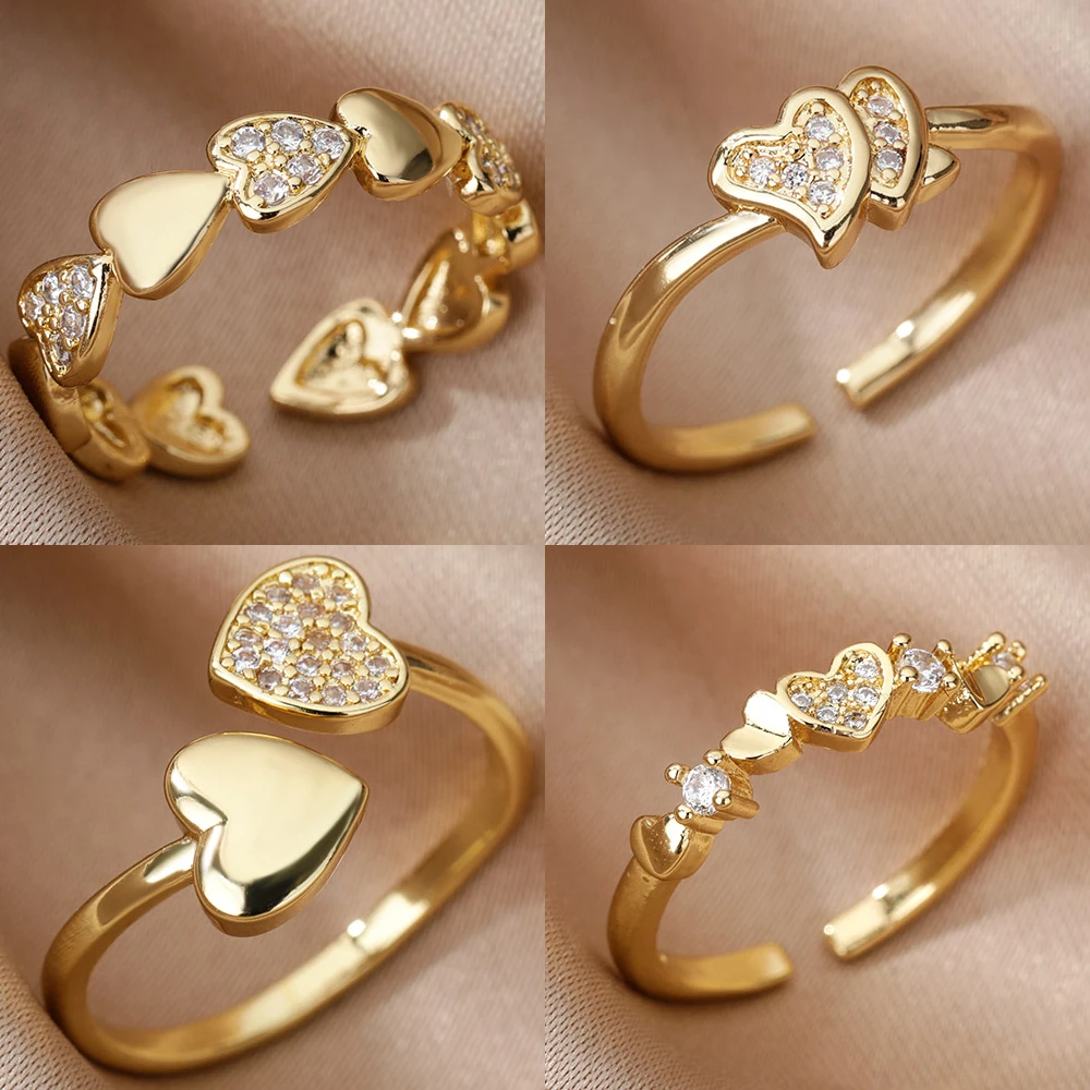 الفولاذ المقاوم للصدأ القلب الزركون خواتم للنساء ، فتح خاتم قابل للتعديل ، لون الذهب ، زوجين الزفاف رومانسية ، والمجوهرات الجمالية