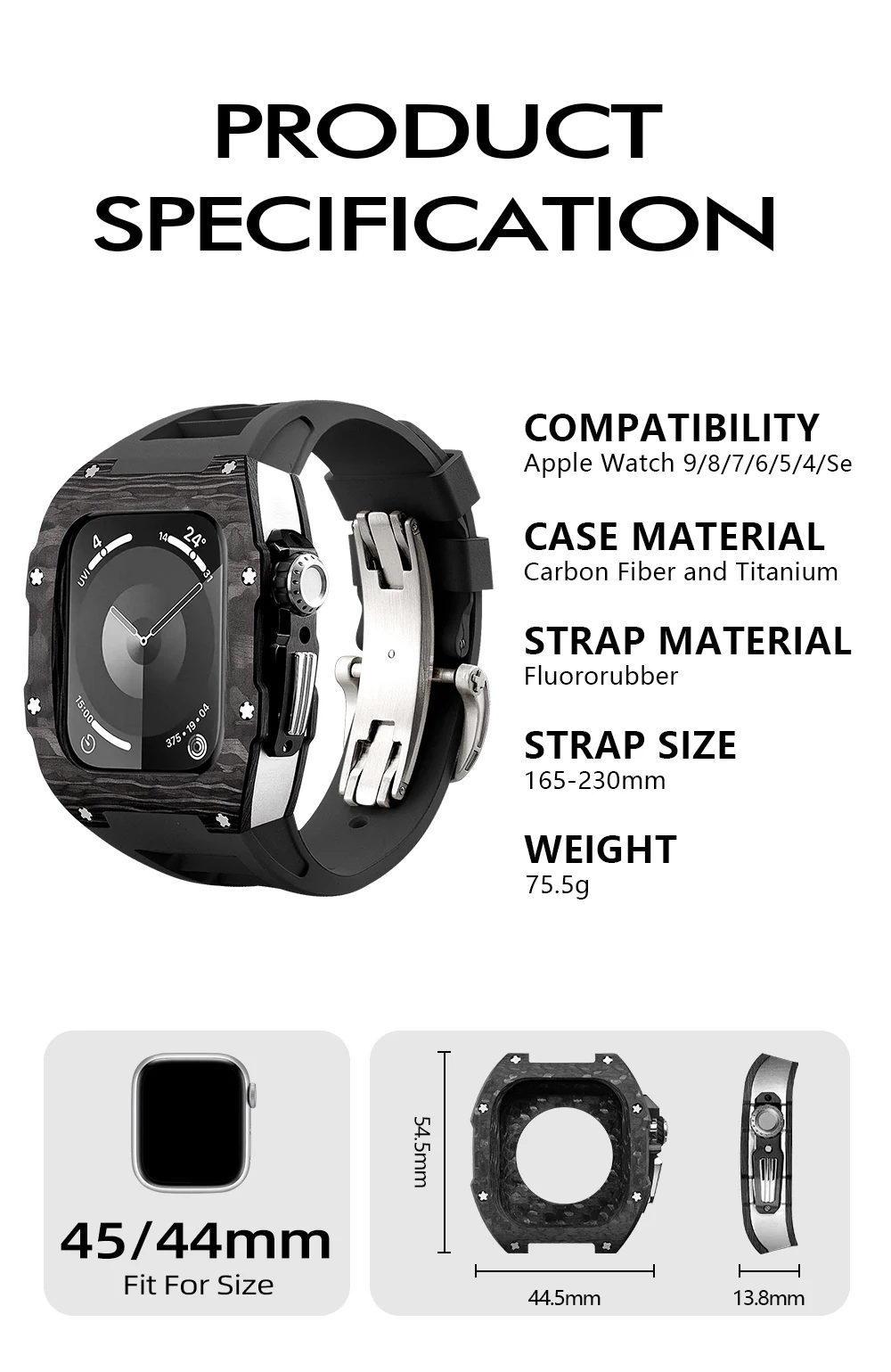 애플 워치용 탄소 섬유 케이스 수정 키트, 44mm, 45mm, 모드 키트 액세서리, 아이워치 SE 9, 8, 7, 6, 5, 4 실버 애플워치보호케이스