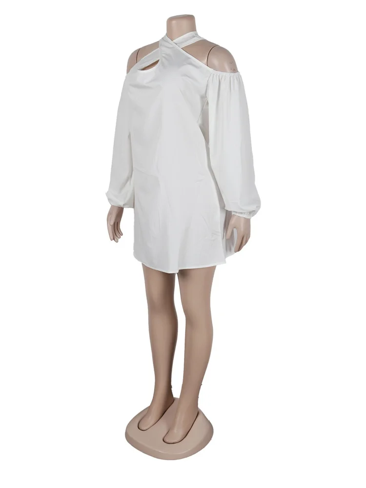 Wmstar Women Solid Color Hollow Off-shoulder Cross-over Long Sleeve Mid-wais Collar Short Party Dress Wholesale Dropshipping