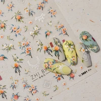 Vintage Yellow Peach Summer Orchard Fruit Flower Branch Nail Art Decorations Stickers 3D Self Adhesive Nail Manicure Tool Decals 2