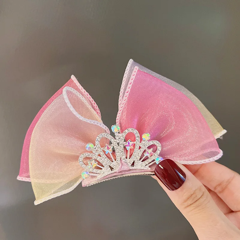 Hair Accessories Pastel Rainbow Hair Bows Gradient Color Princess Crown Hair Clips Standing Bowknot Hairpin Kids Barrette Korean