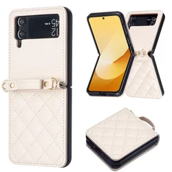 Elegant Diamond Lanyard Leather Crossbody Phone Case with Shoulder Strap - Z Flip 7FE (Beige)