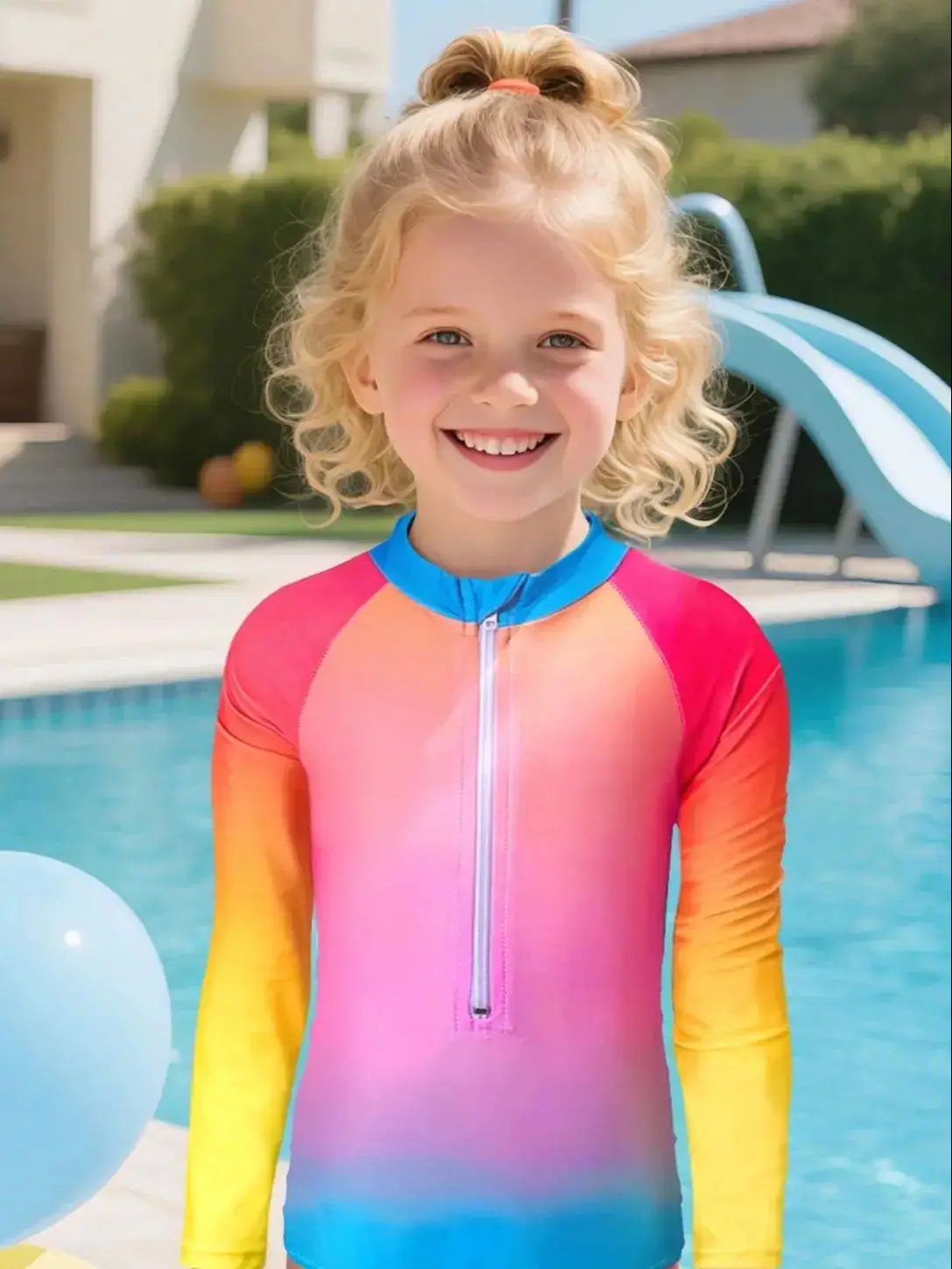 Mädchen Badeanzug Langarm Reißverschluss Rash Guard Badeanzug Kinder Farbverlauf Badeshirt Sommer Strandkleidung – Detail 2