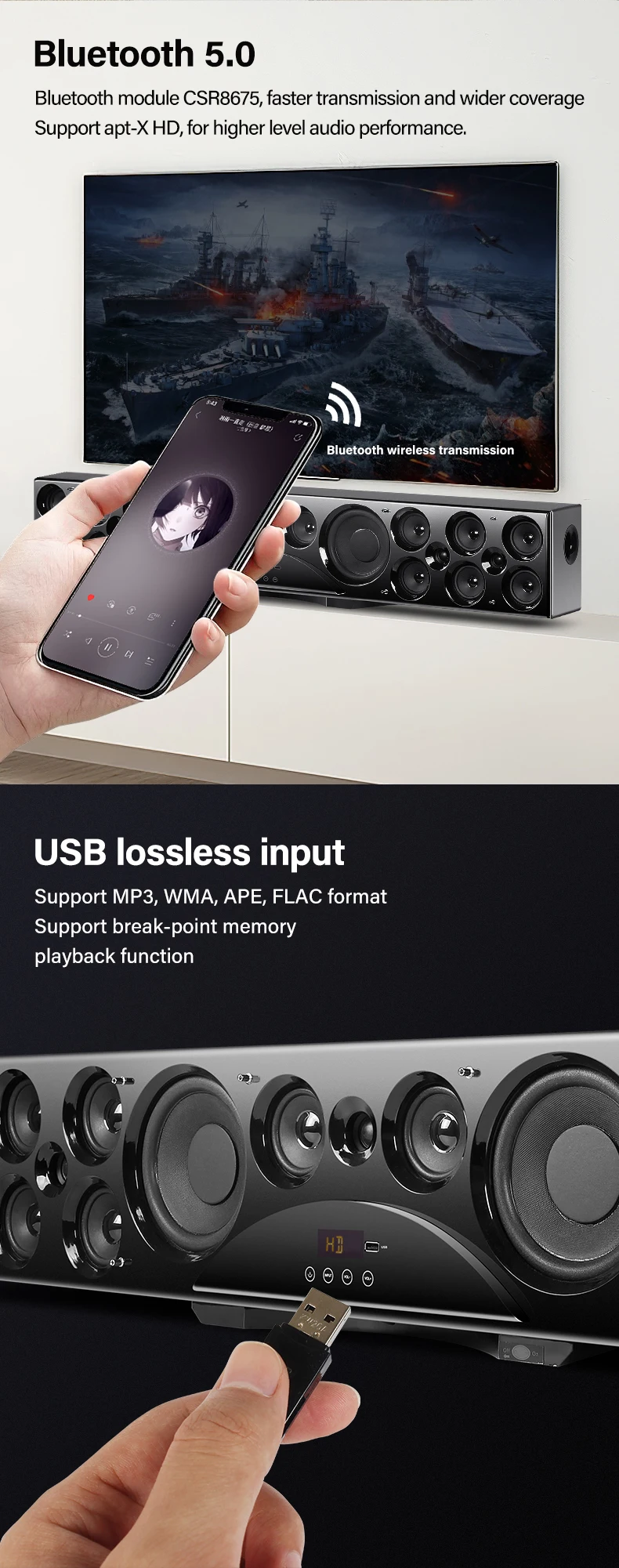 7.1ch Home Theater Sound Bar Speaker System with 310W Power Output Wireless BT M