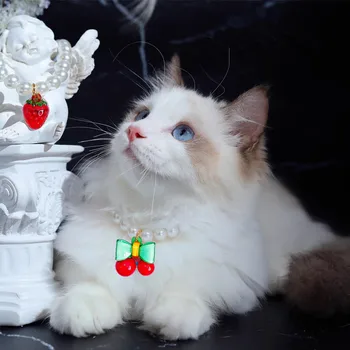Adjustable Dog Cat Pearl Necklace Cat Collar Bling Cherry Charm Pet Dog Collar Jewelry Pet  Grooming Accessory