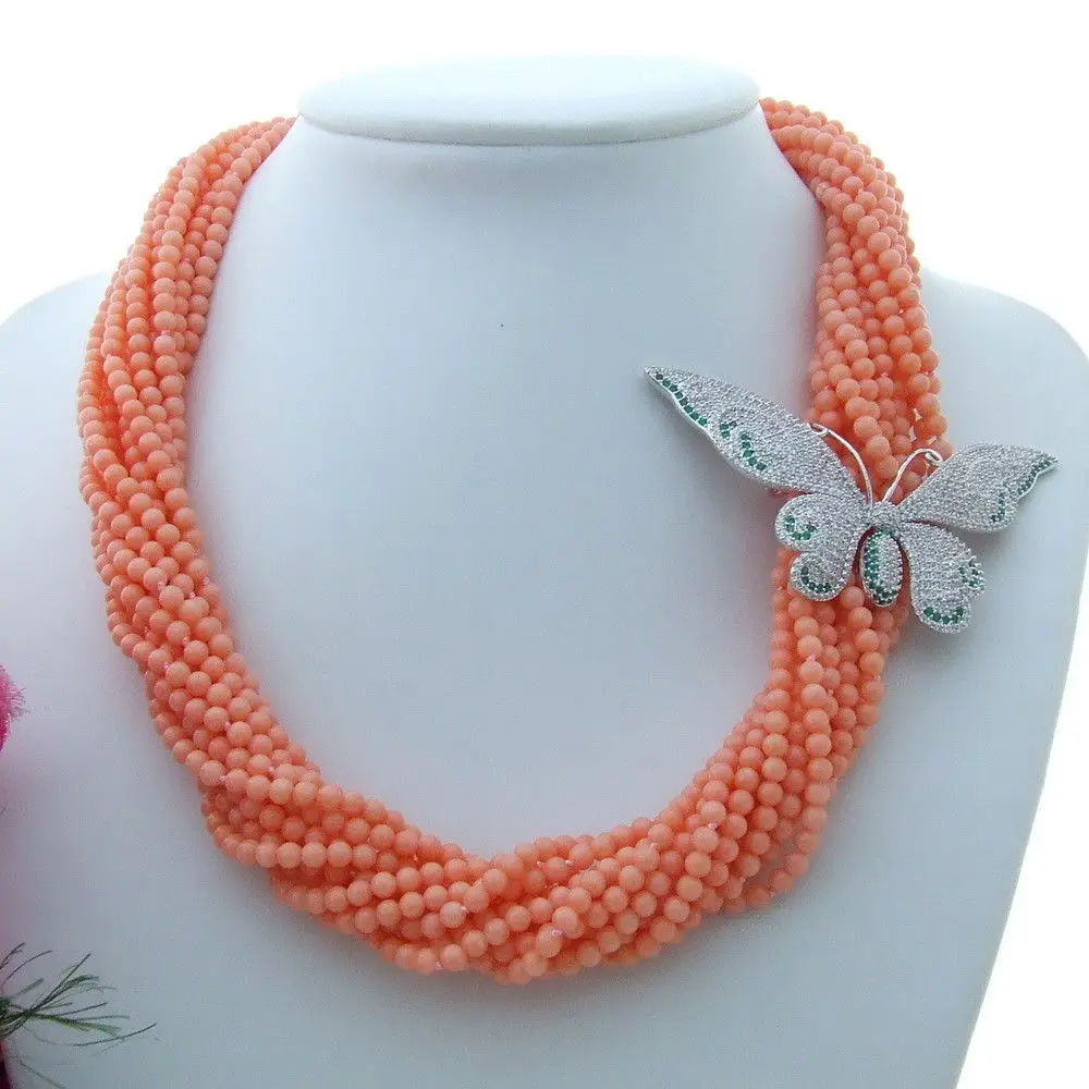 

Charming 13 strands round pink coral necklace micro inlay zircon butterfly buckle flower accessories necklace long 50 cm