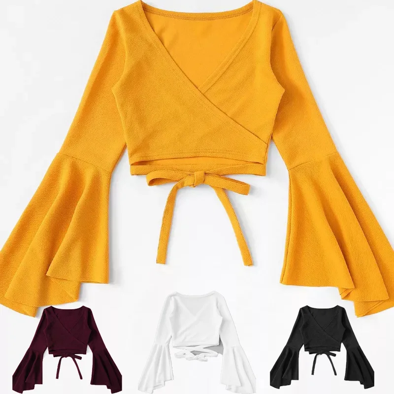 White Top Black Yellow Burgundy Crop Top Y2k Women Summer Aesthetic Sexy V Neck Long Sleeve Flare Top Camiseta Mujer Cut Out Top