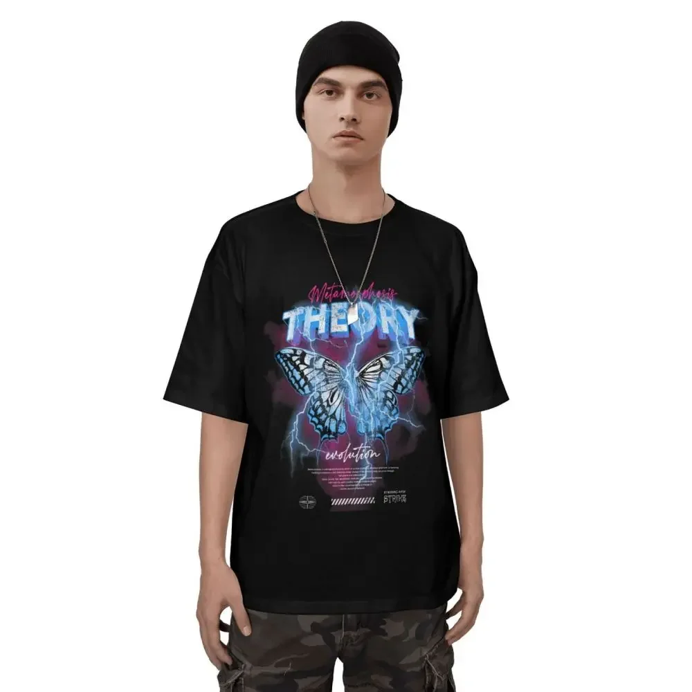 

Trendy Art Clothing Pure Cotton American Hip-Hop Lightning Butterfly Red Smoke Abstract Tattoo Personalized Graffiti Men T-Shirt