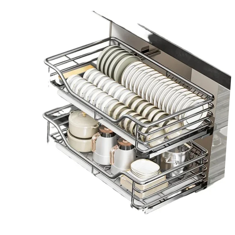 Y Pull Basket Kitchen Cabinet Dish Basket 304 Stainless Steel Double Drawer Storage Dish Rack