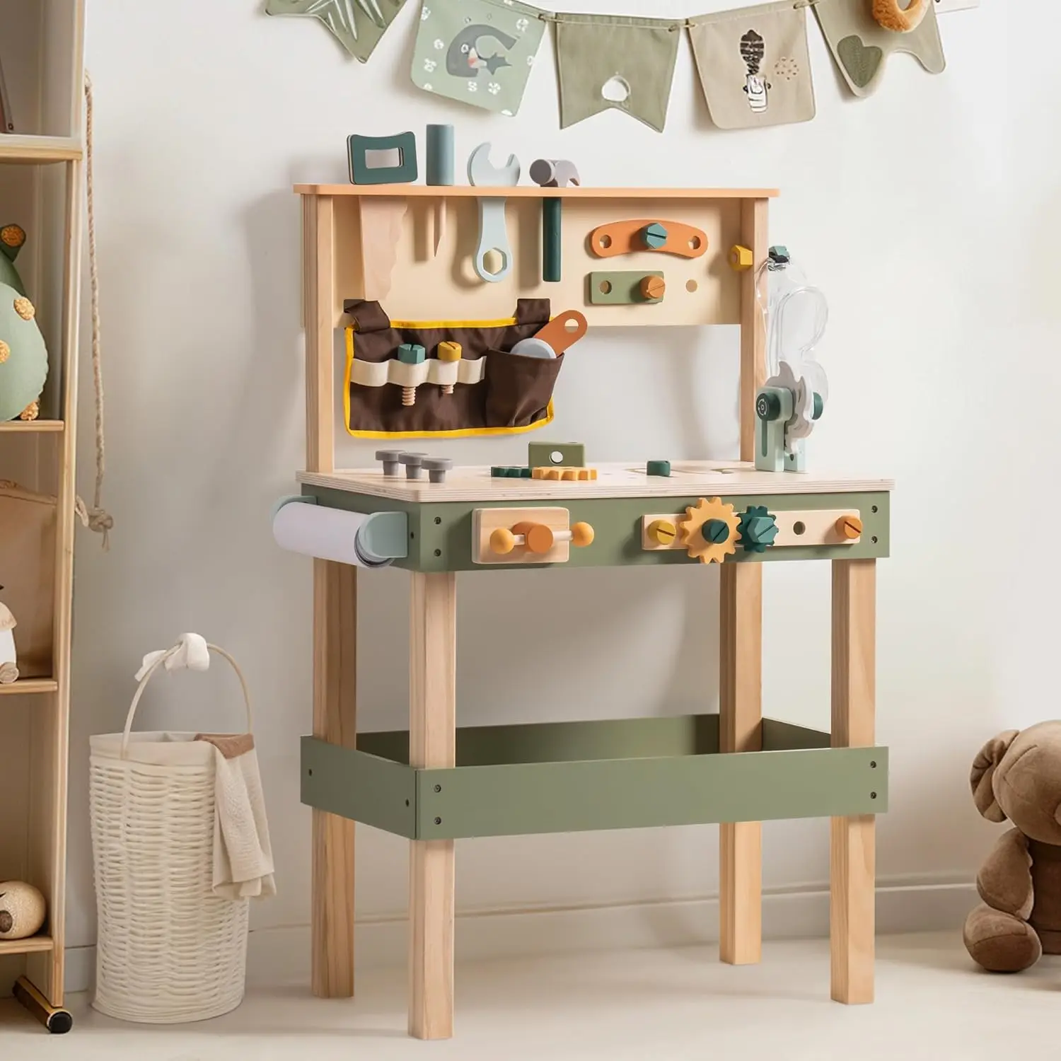 Robud Wooden Kids Tool Bench Toy Play Workbench with Tool Belt Drawing Paper for Construction Play Perfect for Kids Ages 3-5