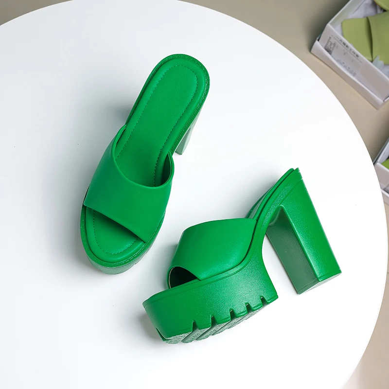 

Platform Peep Toe Thick High Heels Women Slippers Summer Fashion Simple Slides Slip On PU Leather Shoes For Woman Solid Color