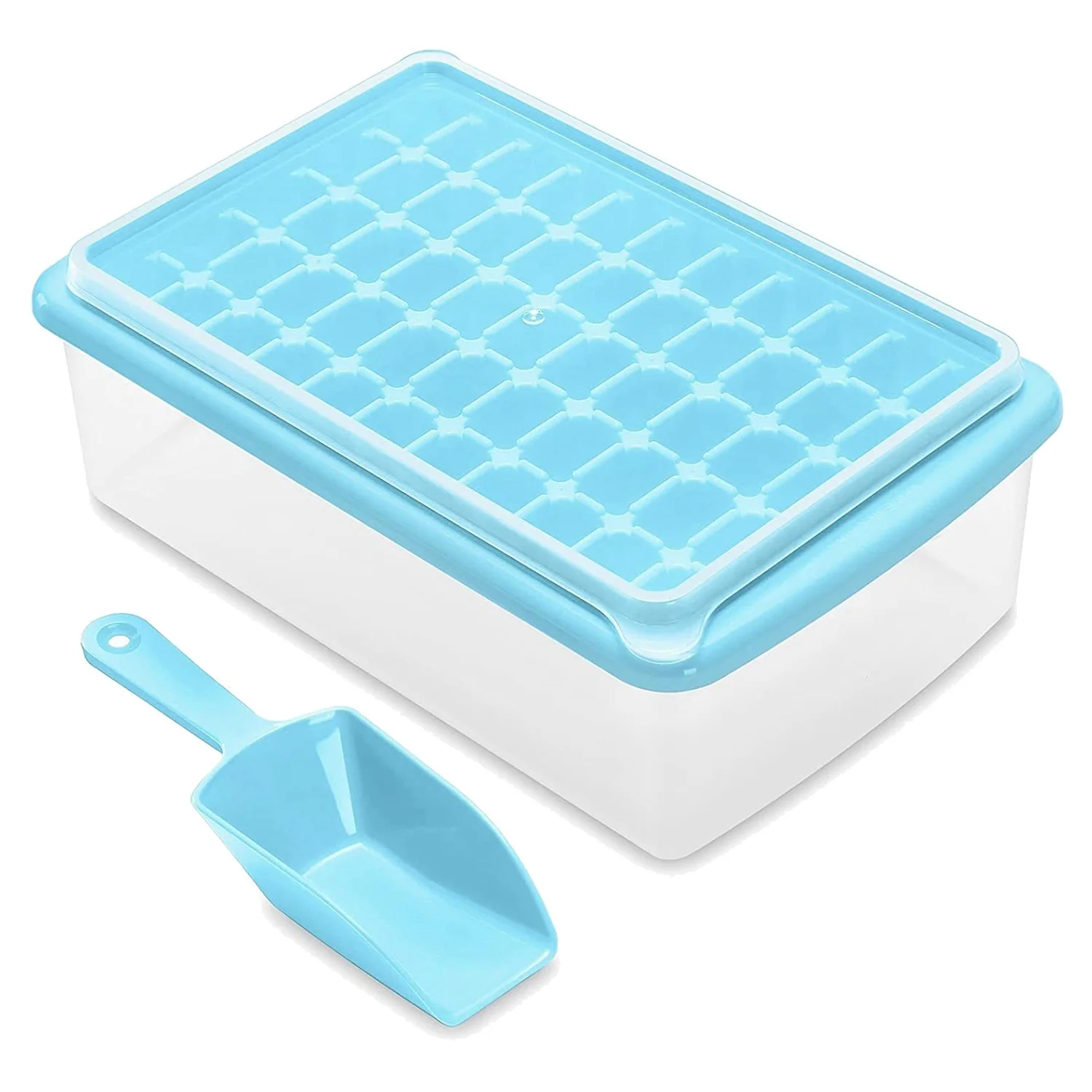 

Ice Cube Tray with Lid and Storage Bin Easy-Release 55 Ice Tray with Spill-Resistant Cover Container Scoop Blue