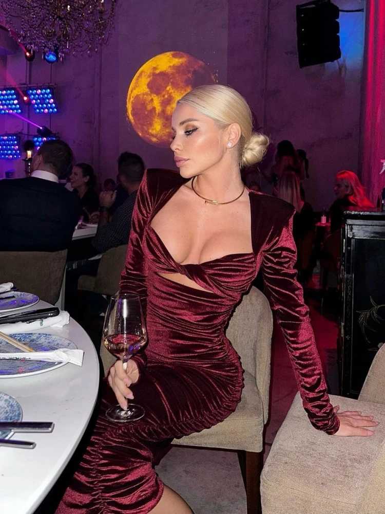 

Autumn Sexy Wine Red Velvet Dresses Women's V-neck Long Sleeve Hollow Out Bodycon Draped Mid length Dress Evening Party Vestidos