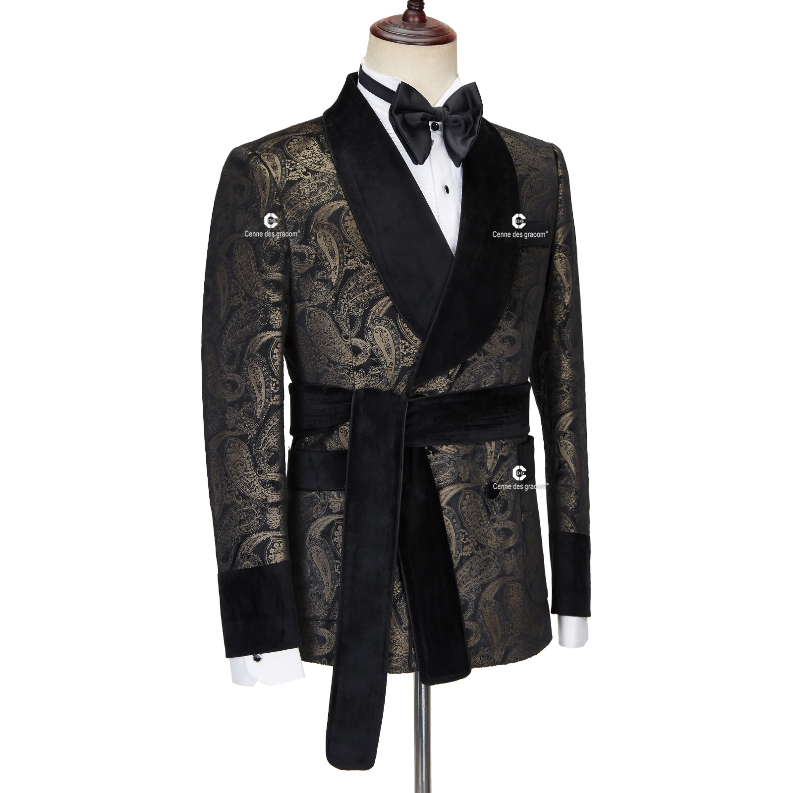Cenne Des Graoom 2023 New Men's Suit Paisley Tuxedo For Wedding Double Breasted Shawl Velvet Lapel Jacket 2 Pieces With Belt 4