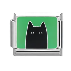 Elegant Green Heart & Black Cat Charm - Stainless Steel Beaded Bracelet Jewelry Gift - 1x0.9cm (A17)