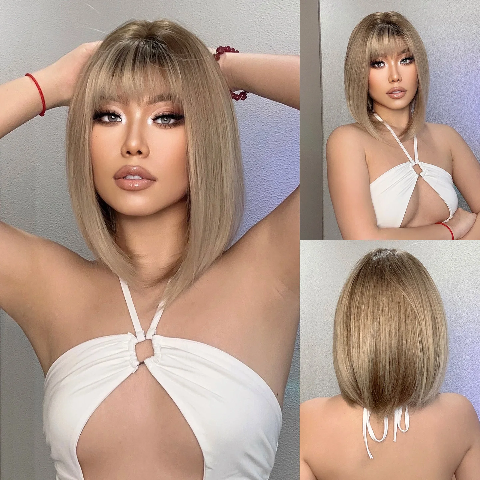 Synthetic Light Brown Bob Wig with Bangs Short Straight Wigs for Black Women Cosplay Daily Use Hair Wig Heat Resistant Fibre