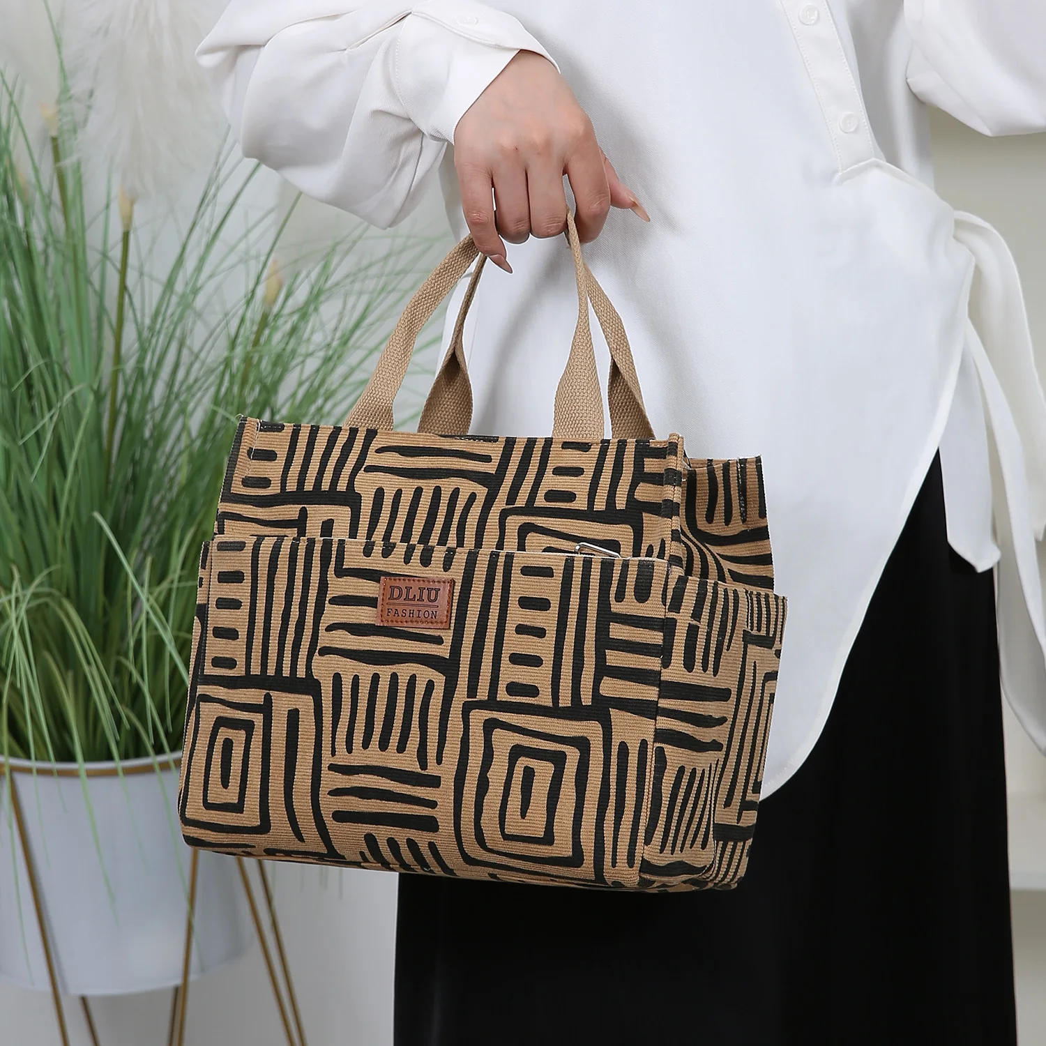 Cord-Lunch-Tasche mit Folieneinsatz, Lunchbox-Tasche, Handtasche, Tragetasche, Handschuh-Tasche mit großem Fassungsvermögen – Detail 17