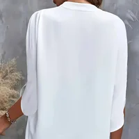 Plus Size Shirts New V-neck Summer Elegant Women's Blouses Solid Color Loose Short Sleeve Casual White Office Lady Tops Clothing - Image 3