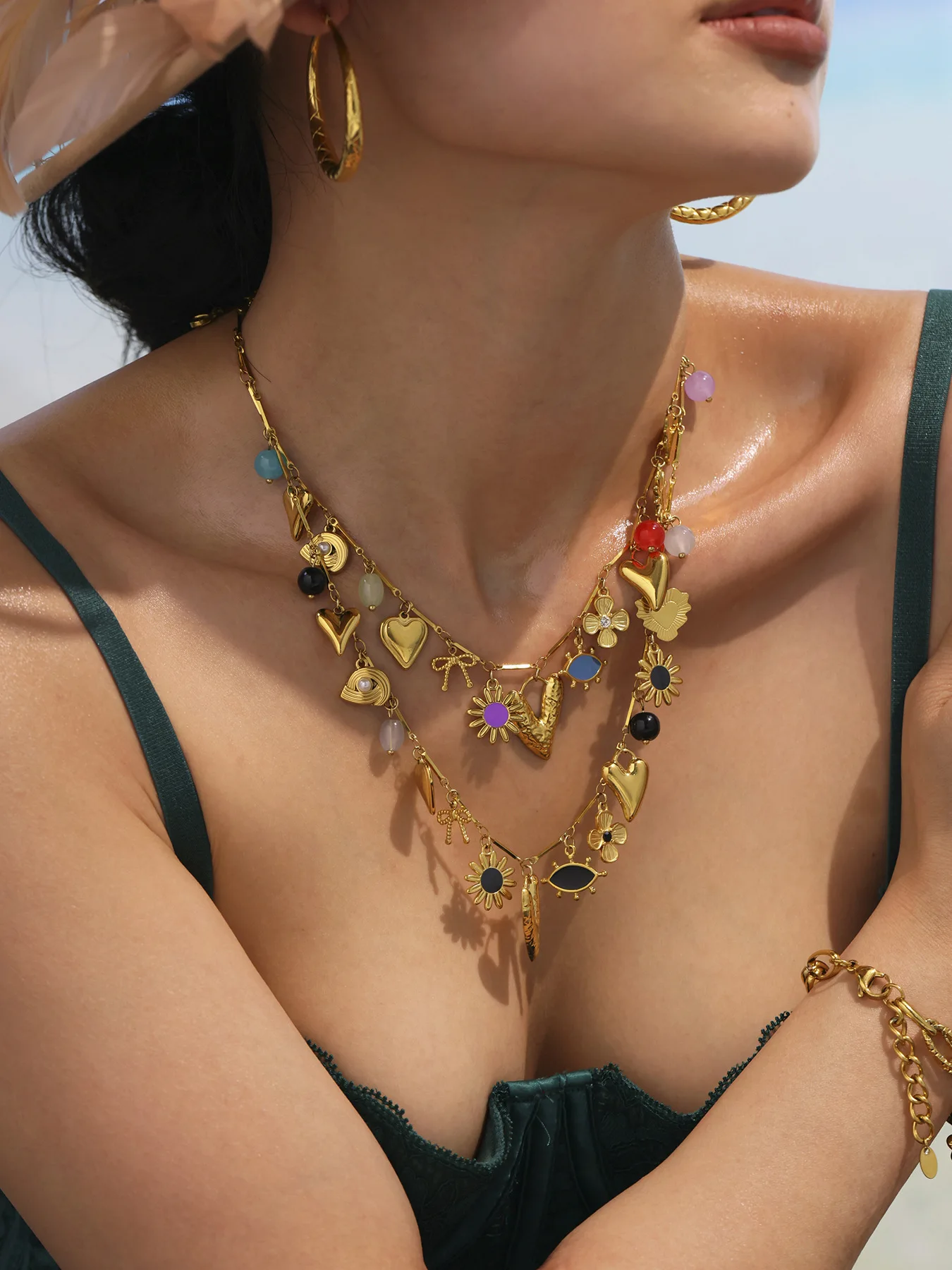 Bunte Emaille-Blumen-Halskette für Damen, Naturstein, Edelstahl, 18 Karat vergoldet, Herz-Anhänger-Halskette, Charm-Schmuck – Detail 4