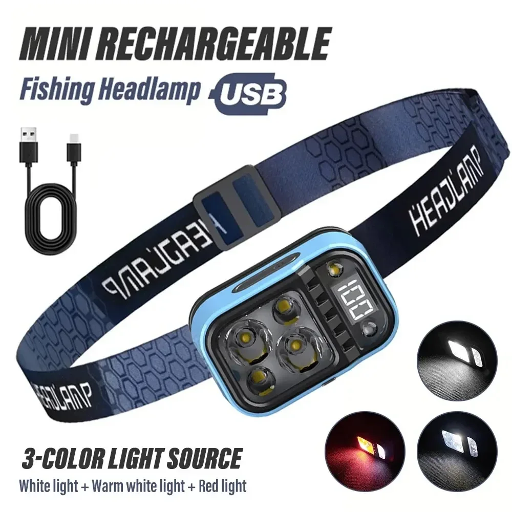 Frontale pêche rechargeable LED avec indicateur batterie capteurs XPG+COB ultra lumineuse pour camping