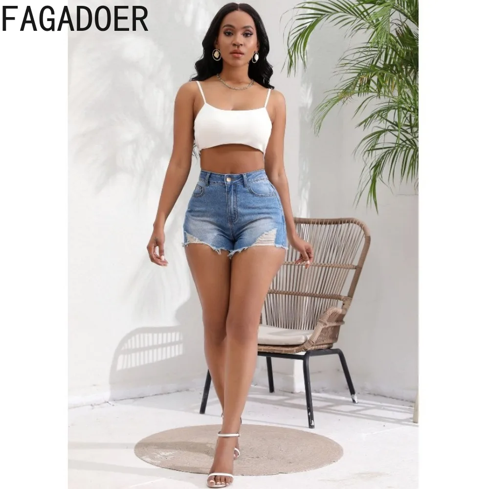 FAGADOER Fashion Denim Hole Shorts Women High Waisted Button Pocket Elasticity Jean Casual Female Cowboy Matching Bottoms 2024
