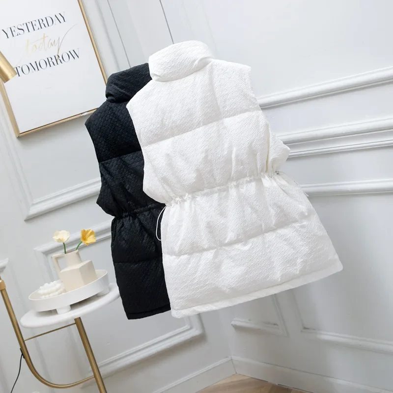 Women's Down Vest Loose Jacket Black Plus Size Winter White Duck Single-breasted Sleeveless Coats Stand Collar Drawstring Tops