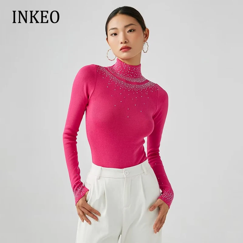 

Fashion rhinestones pullover sweater bodysuit 2022 Autumn winter Solid Long sleeve Knit tops Turtleneck jumper Slim INKEO 2T281