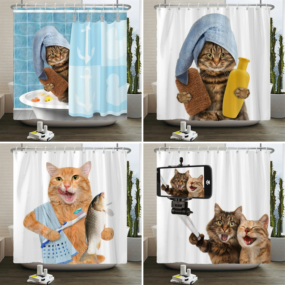 

Cute Cat Animal Waterproof Polyester Shower Curtain with Hooks For Bathtub Bathroom Screens Home Decor Large Size Wall Cloth