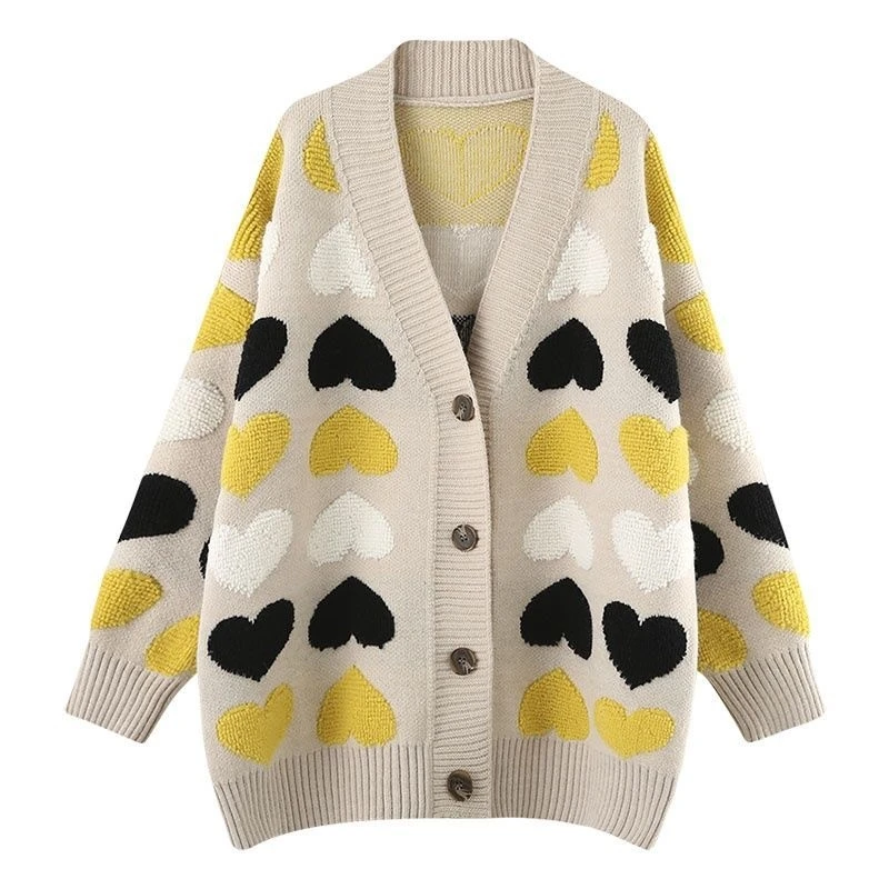 

Свободный вязаный женский свитер с милым сердцем, зимний Свободный теплый флисовый кардиган, женская верхняя одежда, пальто, топы