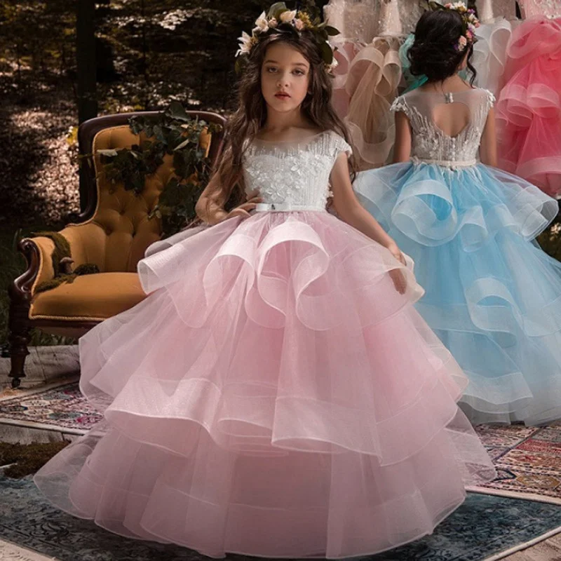 

Elegant Flower Girl Dresses Champagne Lace Appliqué Sleeveless Cascading Kids Pageant Gowns For Weddings First Communion Dresses