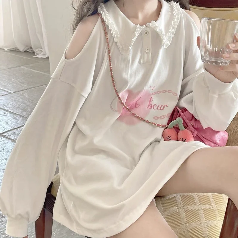 

Худи HOUZHOU Kawaii, белые женские толстовки с японским милым принтом сердца, с открытыми плечами и длинным рукавом, Мягкий Свитшот для девушек, корейский модный топ