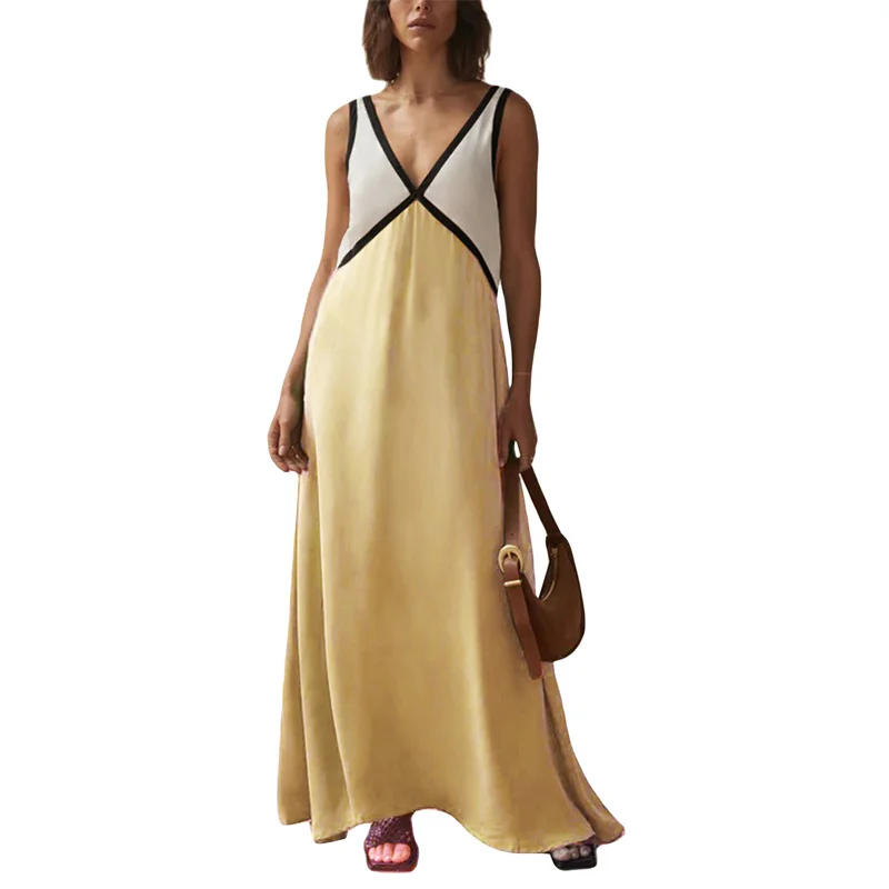 Vestido elegante de verano para mujer, con cuello en V, sin mangas, con patchwork de colores contrastantes, largo y sexy para fiesta de noche.