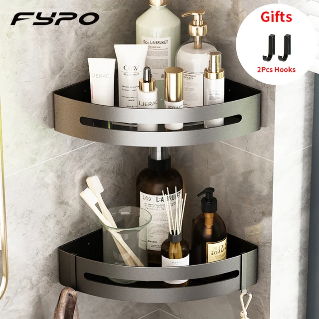 Bathroom Shower Caddy Corner Shelf Aluminum With 4 Hooks Bathroom