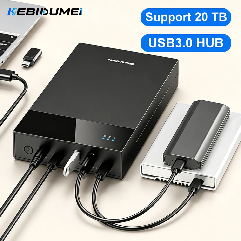 Caja Externa para Disco Duro KEBIDUMEI 2.5/3.5 HDD/SSD, USB3.0 HUB, Compatible con 20TB, Puertos USB, para Discos Duros SATA de 3.5 y 2.5 Pulgadas