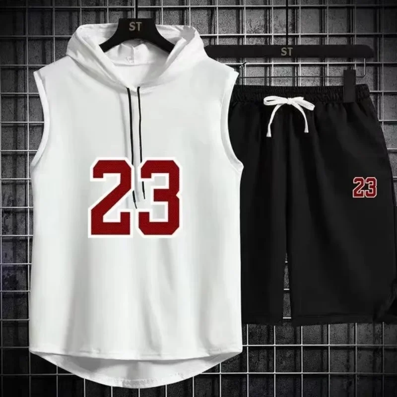 Summer New Men's Sleeveless Hooded T-shirt+Shorts Pants Sports Two-Piece Set Gym Fashion Casual Men Women Sports Two Piece Set
