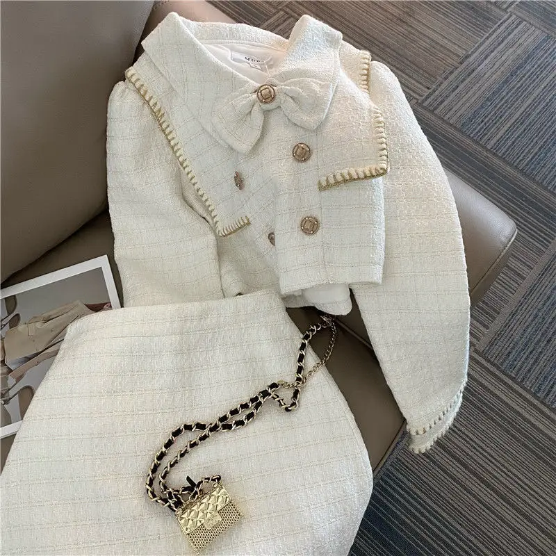 

Elegant Fashion Women Skirt Sets 2022 Autumn Spring Chic Bowknot Short Coat + High Waist A-line Mini Korean Brand Outfits
