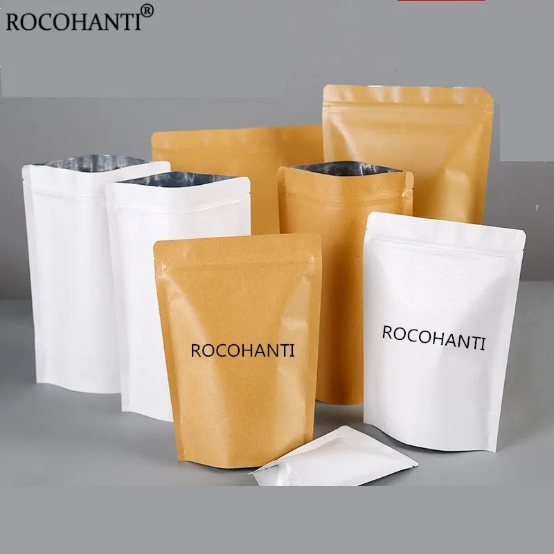 100X Personalizzato Mylar White Kraft Paper Stand Up Pouch Con Cerniera Chia Seed Coffee Bean Storage Packaging Bag