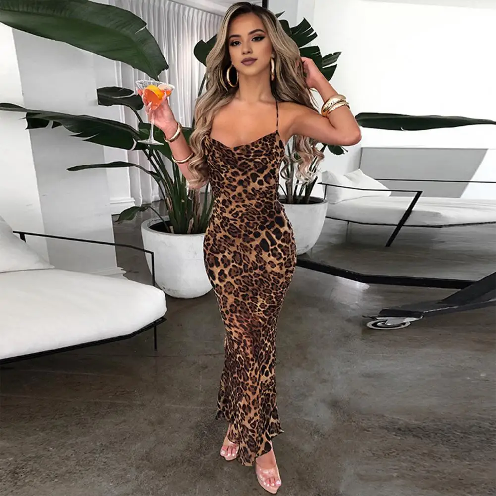 

Lace-up Leopard Print Bodycon Long Dress Summer Sexy Women's Backless Maxi Dresses Celebrity Evening Party Beach Slim Fit Dress