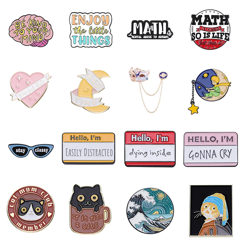 

Cartoon Animal Enamel Pin Math Oil Painting Badge Black Cat Hello Quote Love Mask Lapel Hat Accessories Jewelry Wholesale