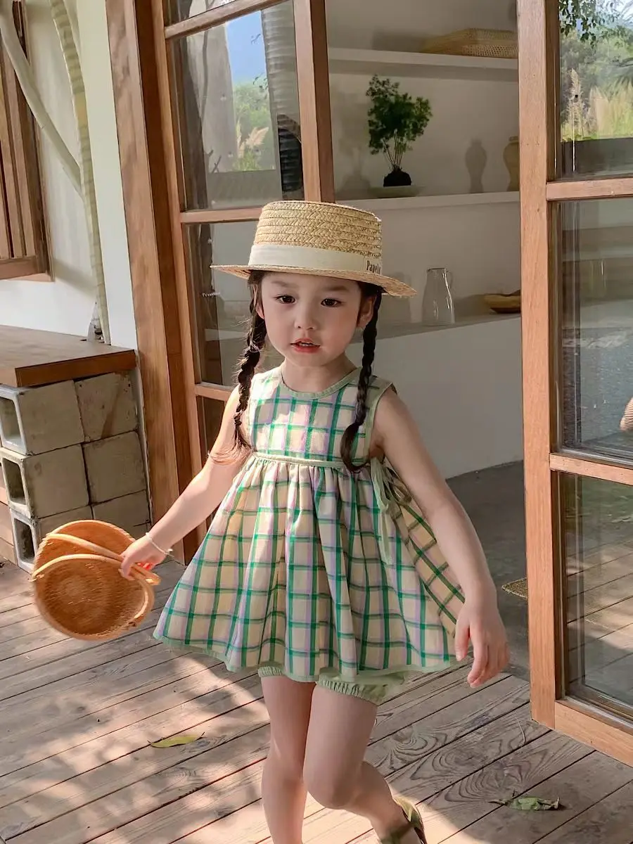 

Girls' Clothing Set Summer Plaid Suit Green Plaid Doll Shirt Sleeveless Tank Top Vest +Skirt Shorts 2Pcs Suit Children Clothes