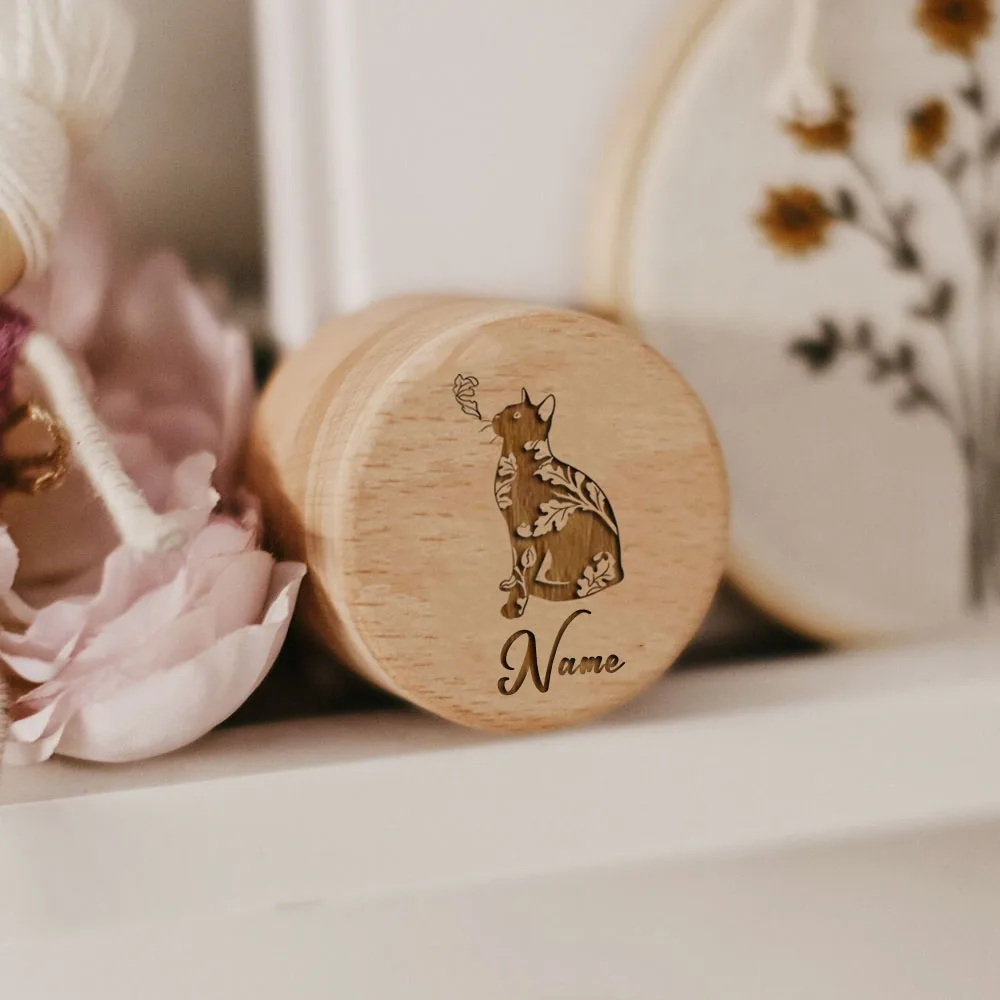 Wooden Carving Name Cat Butterfly Printed Pet Hair Storage Box Cat Tooth Memorial Box