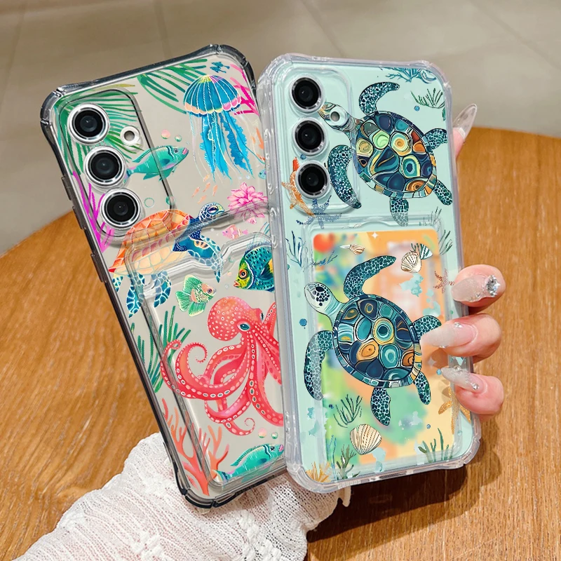 Sea Turtle Pattern Clear Card Holder Wallet Phone Case
