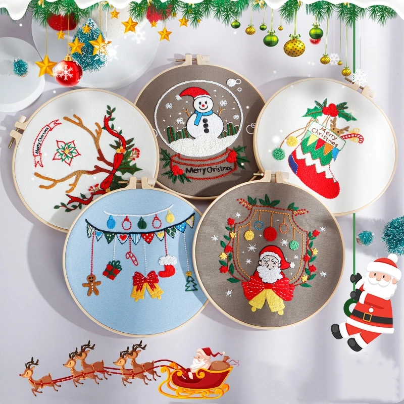 

DIY Plants Christmas Pattern Embroidery Kit Needlework Tools Beginner Round Sewing Craft Set with Hoop Room Decor Christmas Gift