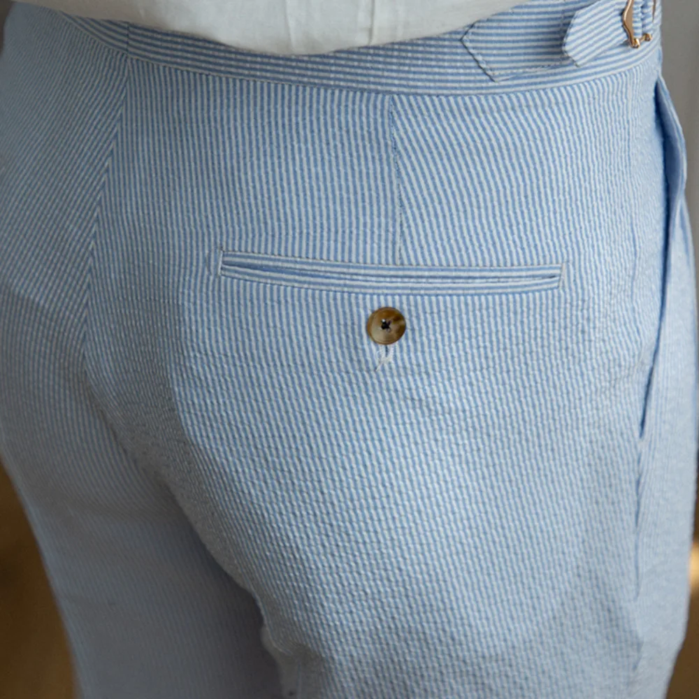 Summer Seersucker High Waist Straight Pants British Petty Bourgeoisie Blue Stripe Italian Casual Trousers Men Pantalones Hombre men pants